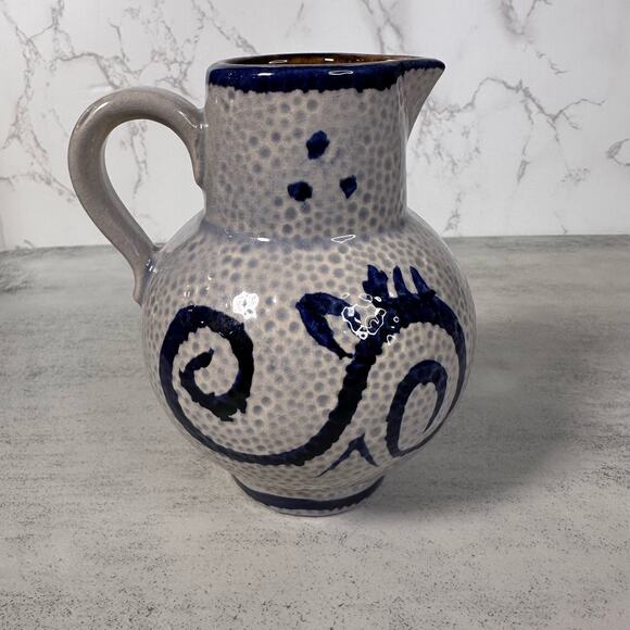 Vintage, Mid Century Scheurich Pottery Textured Gray/Blue Pitcher w/Handle Art - Picture 2 of 9